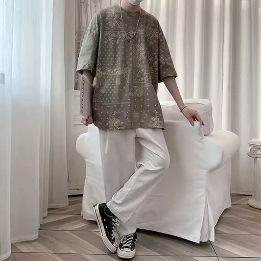 Baggy Men's T-shirt Print Male Tees Shirts Tops Harajuku Aesthetic Clothing Short Quarter Sleeve Original Streetwear Casual Chic